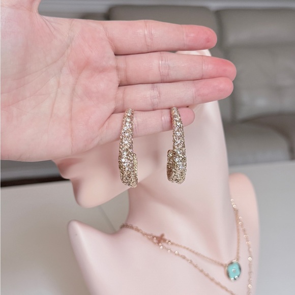 Gold Crystal Pavé Textured Earrings - Elegant Women's Jewelry - Picture 7 of 9